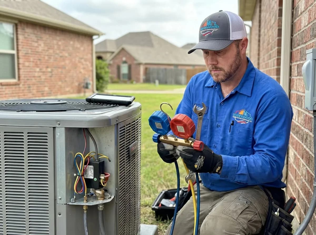 Underwood Heating and Air Conditioning EPA-certified technician servicing an air conditioner in Phenix City Alabama