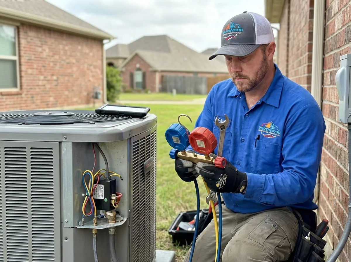 Tecnico certificado de Underwood Heating and Air Conditioning trabajando en un sistema de aire acondicionado en Phenix City Alabama