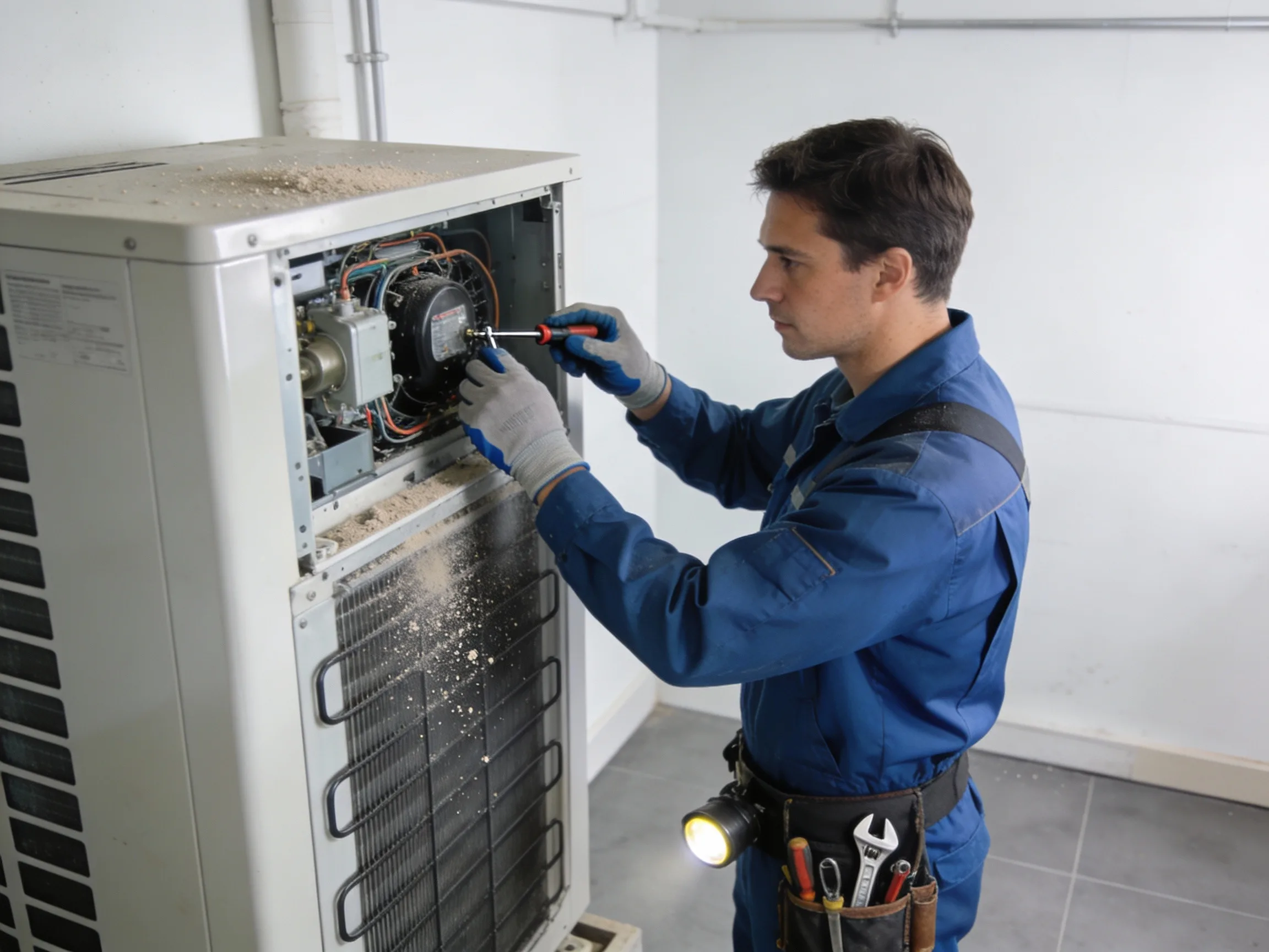 Underwood Heating and Air Conditioning technician performing an EPA-certified AC tune-up in a Phenix City Alabama home