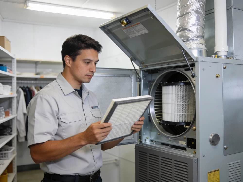 Underwood Heating and Air Conditioning technician installing a whole-home air cleaner for allergy relief in Phenix City Alabama