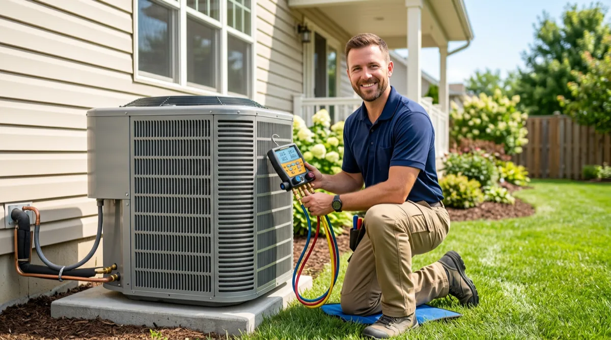 Técnico HVAC sonriente con herramientas de diagnóstico junto a unidad de aire acondicionado en East Alabama