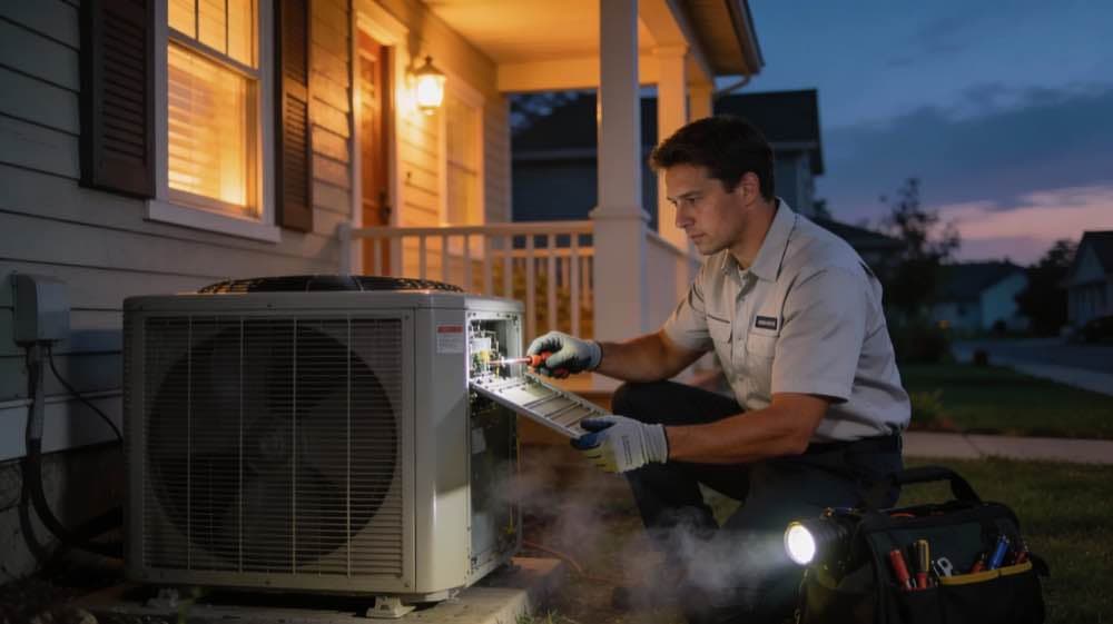 Tecnico de Underwood atendiendo reparacion de A/C de emergencia en una casa de Phenix City Alabama