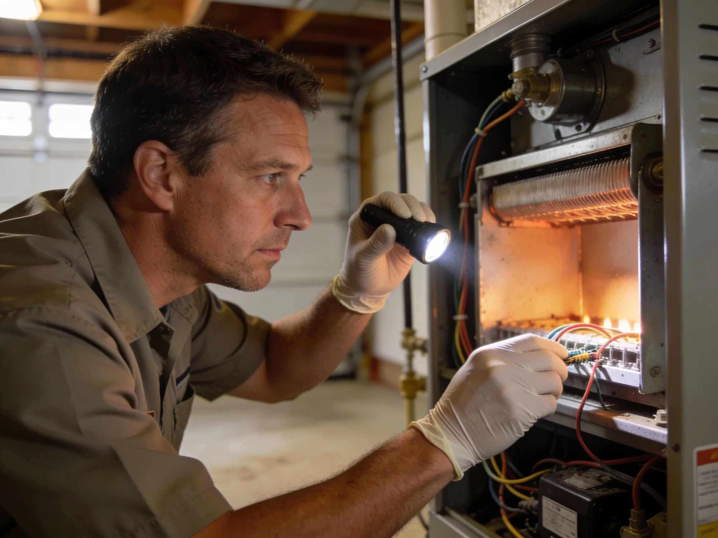 Underwood Heating and Air Conditioning licensed technician repairing a gas furnace for a Phenix City Alabama homeowner