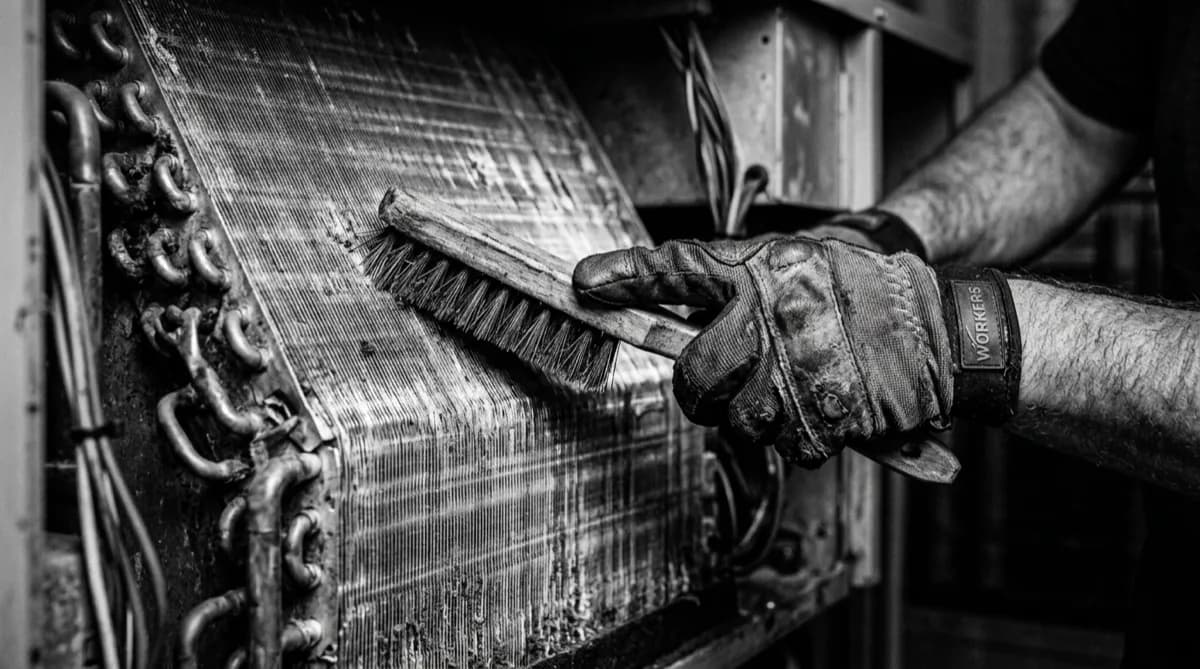 Technician cleaning a furnace heat exchanger during a replacement evaluation in Alabama