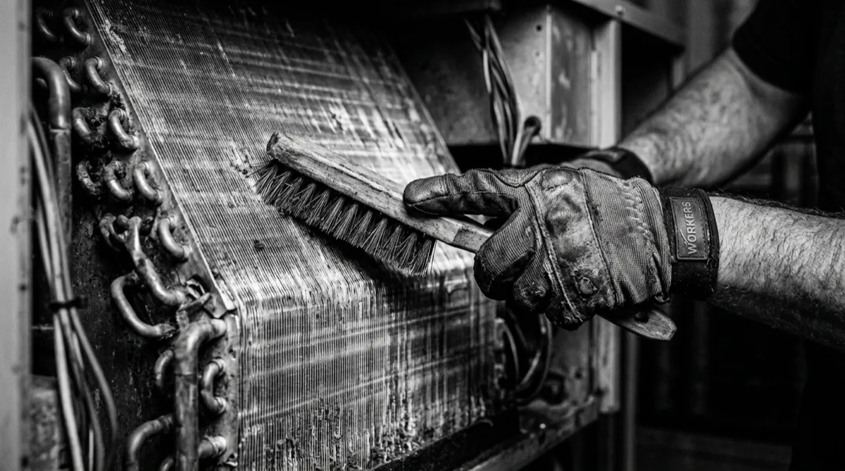 Técnico limpiando un intercambiador de calor de horno durante evaluación de reemplazo en Alabama