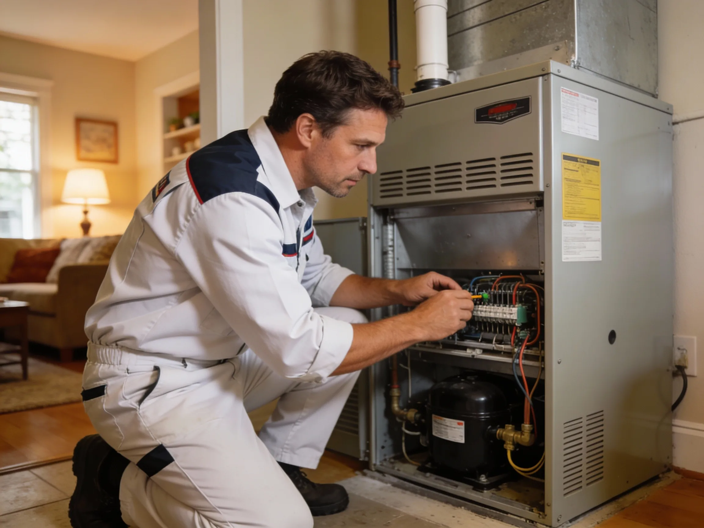 Underwood Heating and Air Conditioning technician performing a heating tune-up in a Phenix City Alabama home