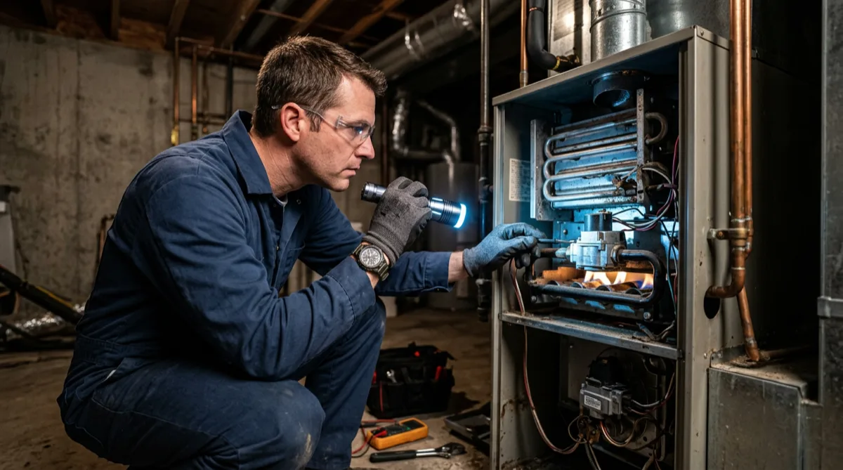 HVAC technician inspecting a furnace with a flashlight before quoting installation costs