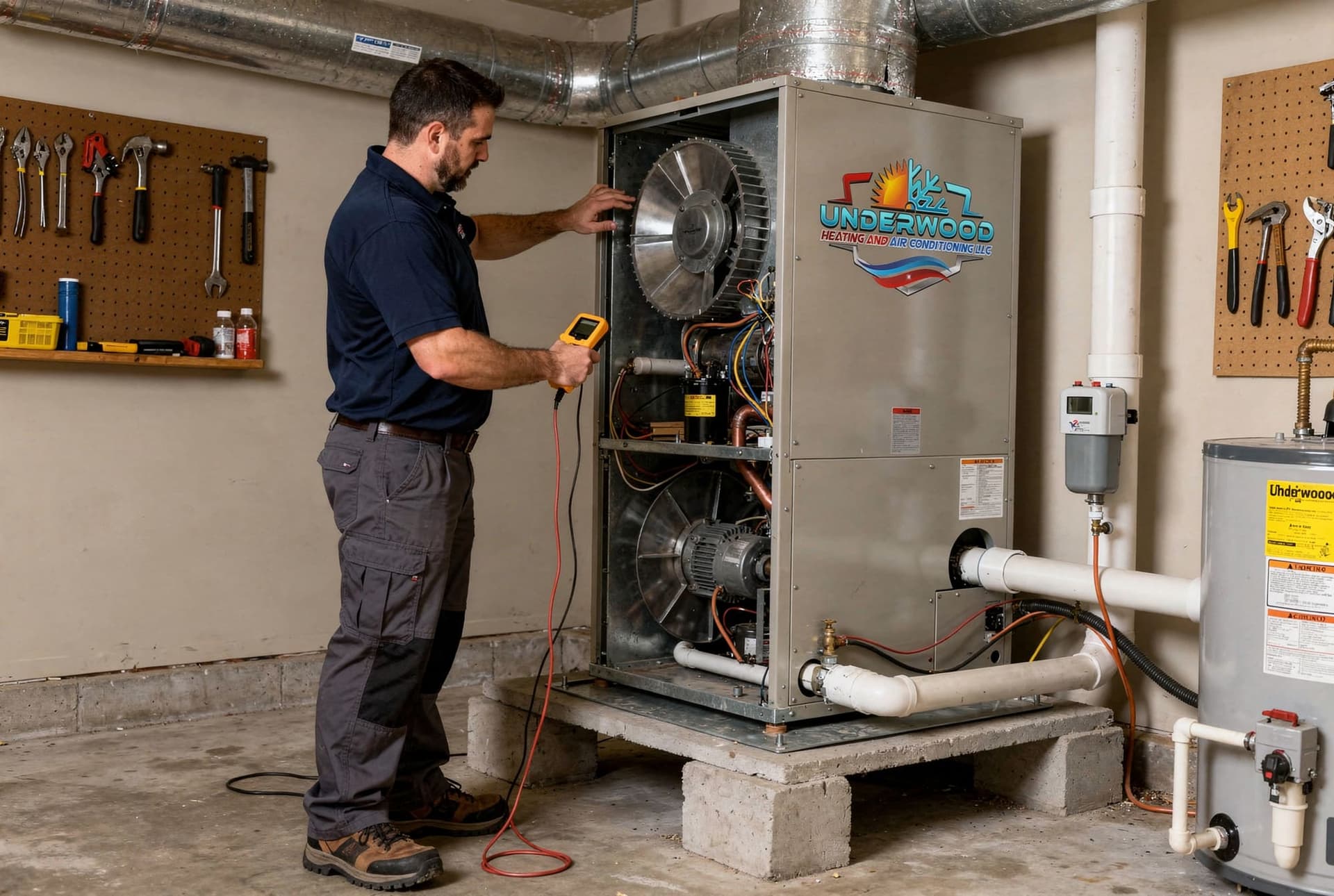 Técnico de Underwood HVAC revisando una manejadora de aire interior