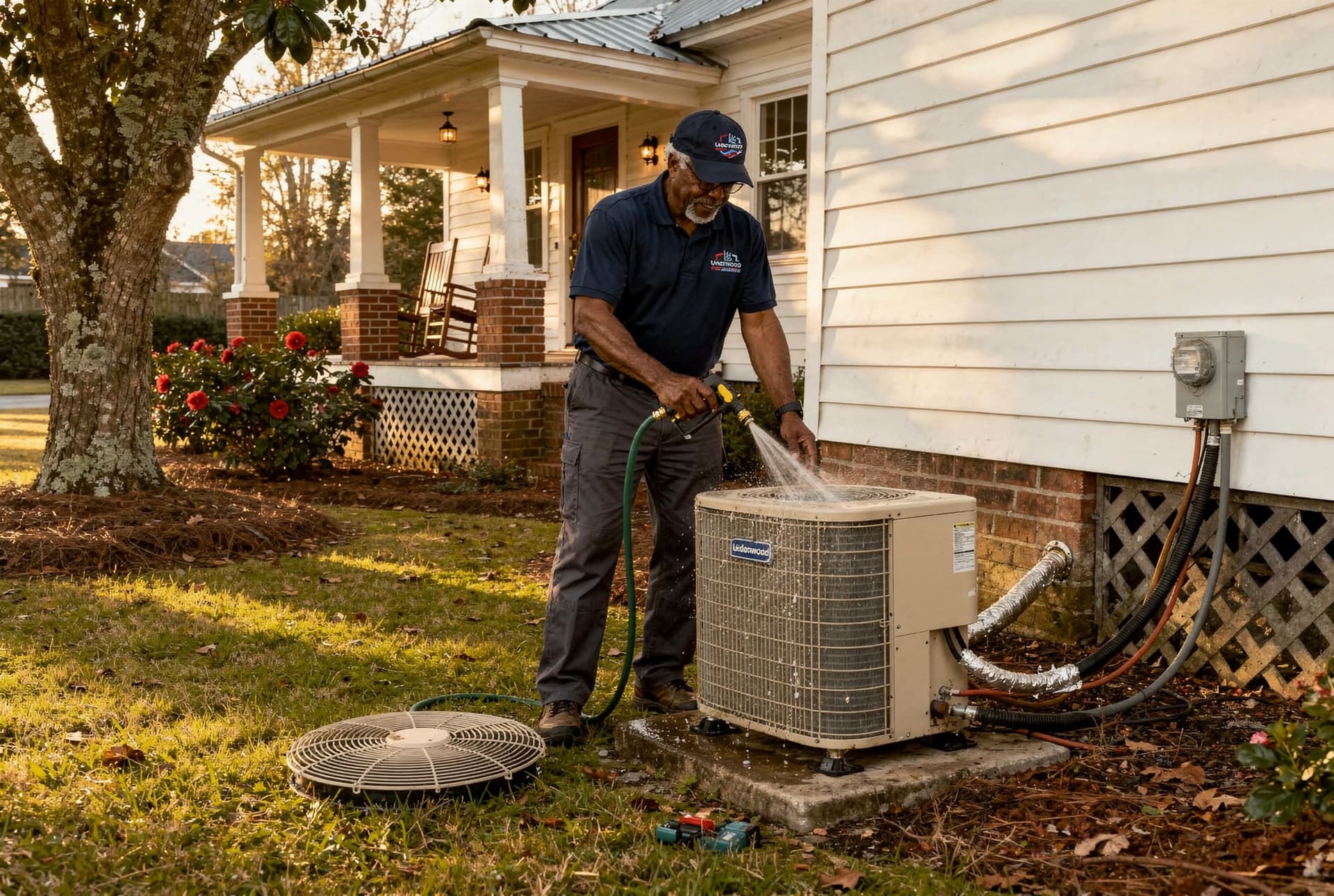 Underwood HVAC technician rinsing an outdoor coil
