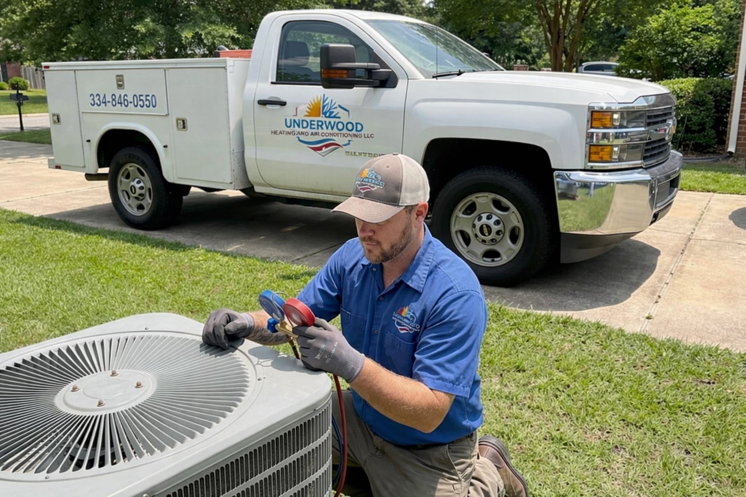Underwood Heating and Air Conditioning licensed technician completing a residential HVAC service call in Phenix City Alabama