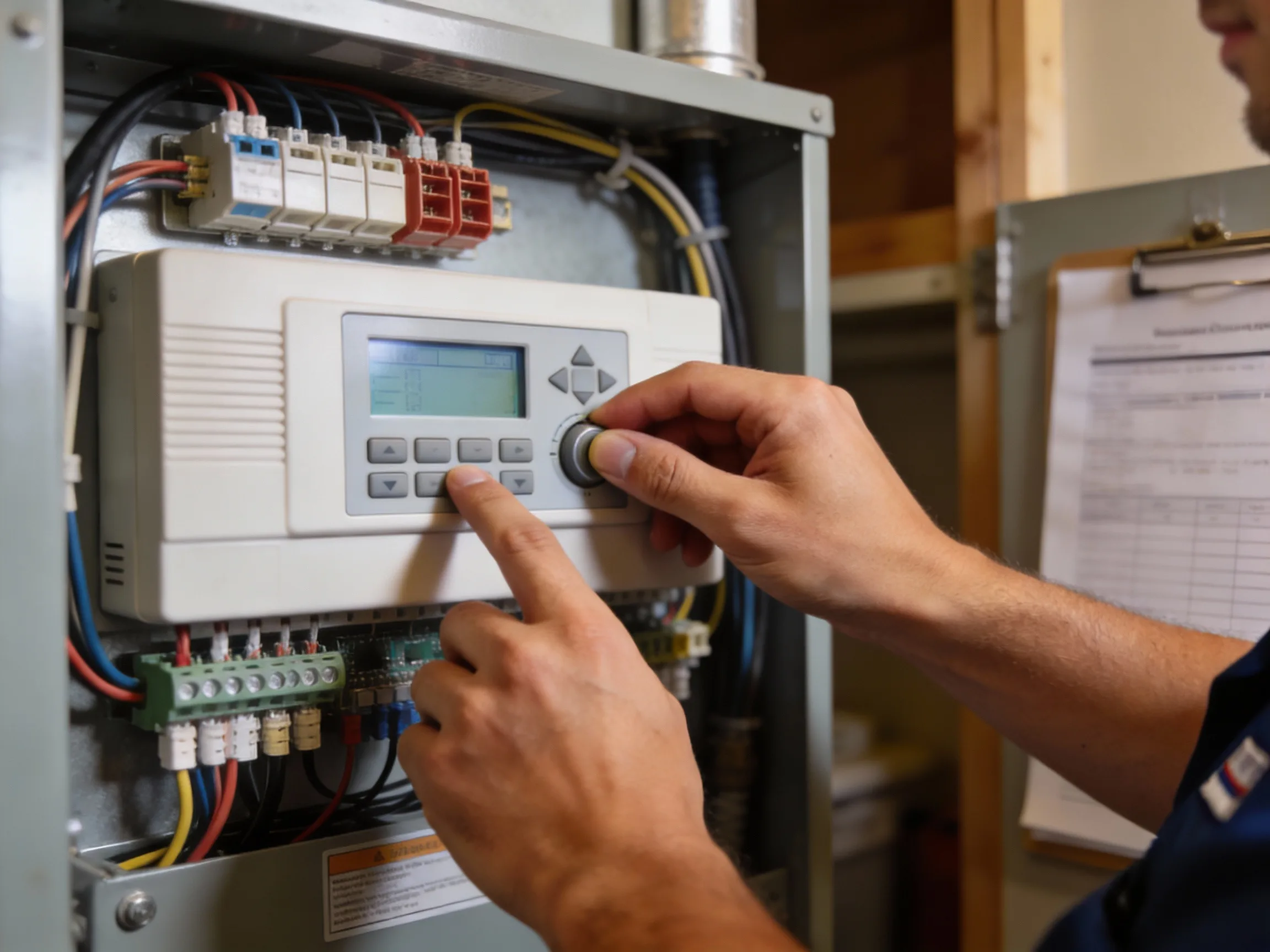 Underwood Heating and Air Conditioning technician configuring a smart wall thermostat in a Phenix City Alabama home